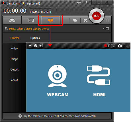 device: webcam recording, hdmi recording